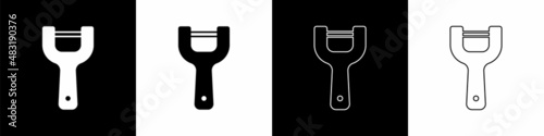 Set Vegetable peeler icon isolated on black and white background. Knife for cleaning of vegetables. Kitchen item, appliance. Vector