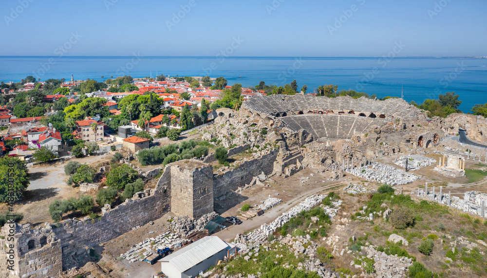 The ancient city of Side. Peninsula. Amphitheater in Side. Tyukhe Temple. Agora. Ruins of the ancient city. Turkey. Shooting from a drone