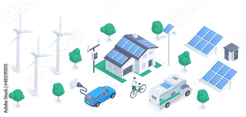 isometric vector illustration isolated on white background, wind generator and solar battery, green energy, electric car and solar powered house photo