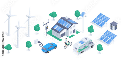 isometric vector illustration isolated on white background, wind generator and solar battery, green energy, electric car and solar powered house