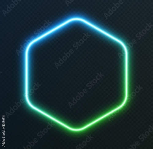 Gradient neon hexagon, blue-green glowing border isolated on a dark background. Colorful night banner