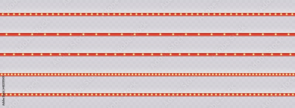 Red stripes with light bulbs, vintage marquee seamless borders set. Bright luminous retro ribbons