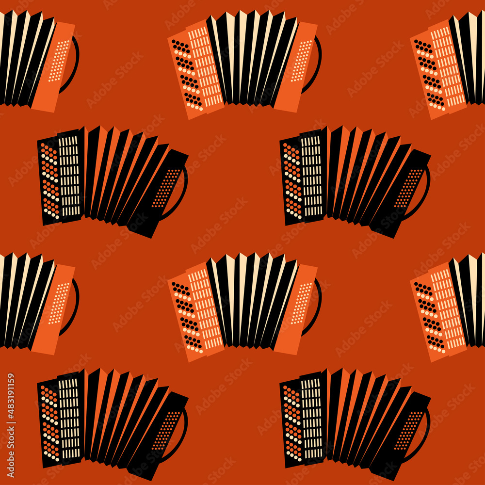 Seamless vector pattern with accordions on dark red background. Design