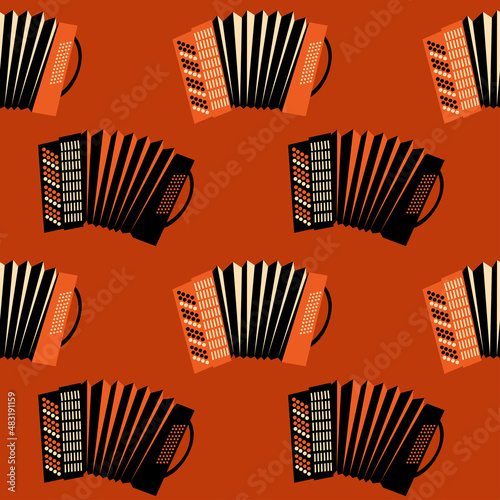 Seamless vector pattern with accordions on dark red background. Design for fabric and paper, surface textures.