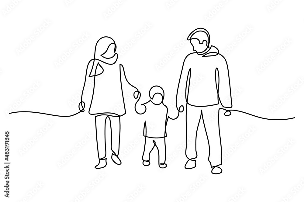 Family in continuous line art drawing style. Front view of parents with