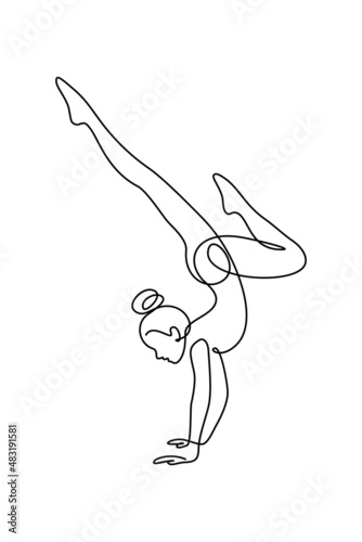 Gymnast in continuous line art drawing style. Rhythmic gymnastics handstand balance minimalist black linear sketch isolated on white background. Vector illustration