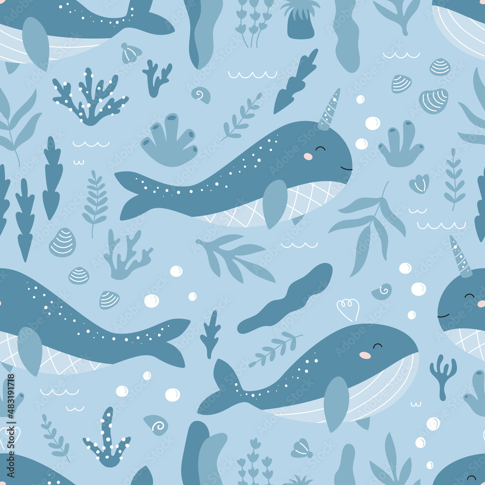 Seamless pattern with cute narwhal, whales and ocean plants. Hand drawn sea animals, seaweeds and corals on blue background. Ideal for textile, wrapping page, package design, wallpaper and banners. Seamless pattern with cute narwhal, whales and ocean plants. Hand drawn sea animals, seaweeds and corals on blue background. Ideal for textile, wrapping page, package design, wallpaper and banners.