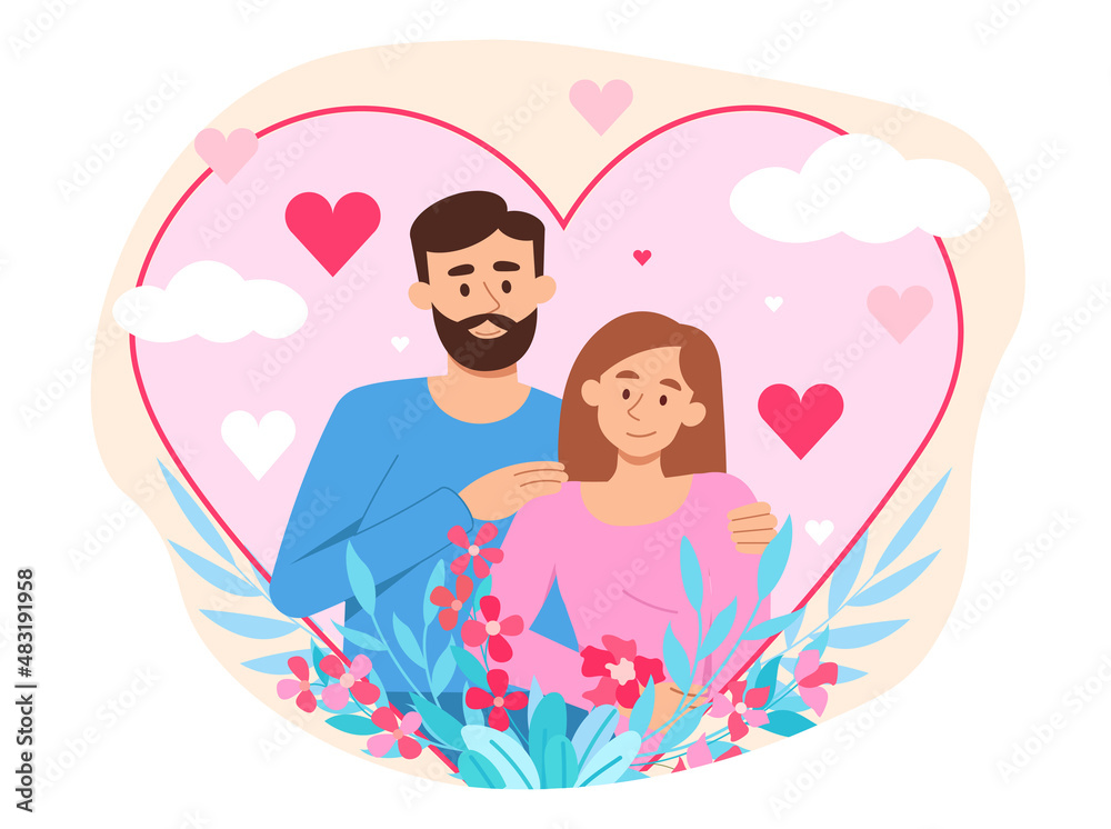 Couple in love. Man and girl in heart silhouette. Gifts for February 14, care and love. Design for greeting and greeting card. Husband and wife, happy family. Cartoon flat vector illustration Couple in love. Man and girl in heart silhouette. Gifts for February 14, care and love. Design for greeting and greeting card. Husband and wife, happy family. Cartoon flat vector illustration