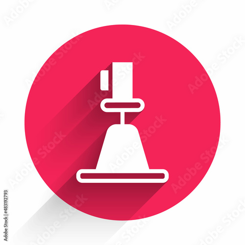 White Tacheometer, theodolite icon isolated with long shadow background. Geological survey, engineering equipment for measurement and research. Red circle button. Vector