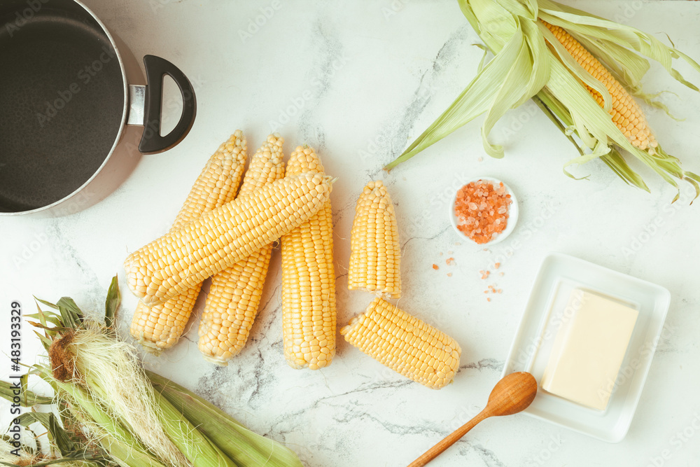 Overhead shot of the ears of corn on the white background. Raw yellow