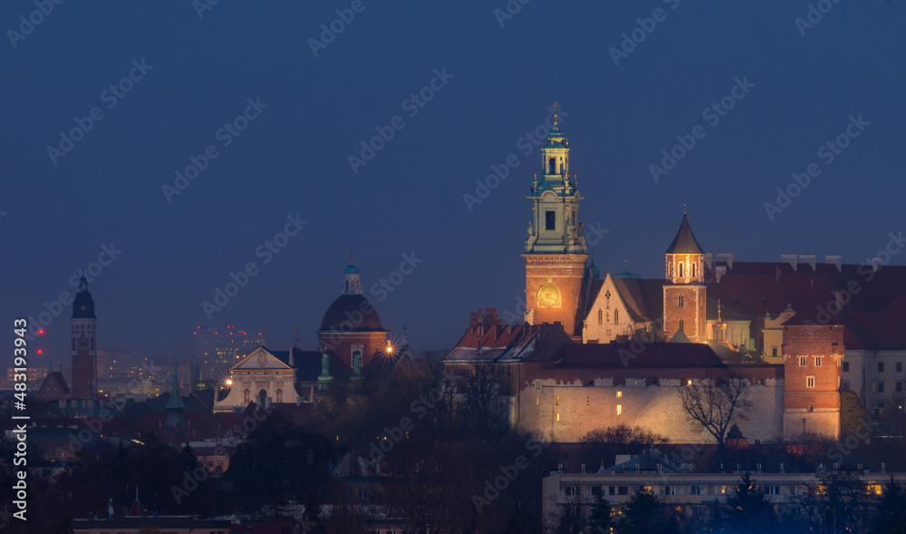 Night view of Wawel cathedral and castle in Krakow, Poland