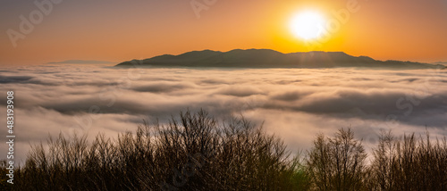 Fototapeta Naklejka Na Ścianę i Meble -  Misty autumn mountains landscape in the morning, Poland, Beskidy mountains, Prehyba peak seen from Koziarz.
