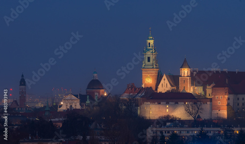 Night view of Wawel cathedral and castle in Krakow, Poland