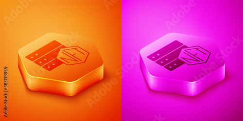 Isometric NFT blockchain technology icon isolated on orange and pink background. Non fungible token. Digital crypto art concept. Hexagon button. Vector