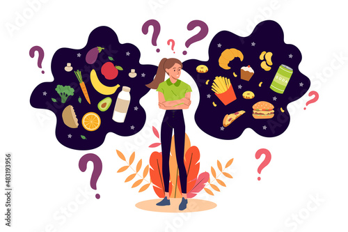 Healthy and unhealthy food. Woman chooses diet. Taking care of your health, motivation, sports and fitness. Question marks, temptation and weak will, doubts. Cartoon flat vector illustration