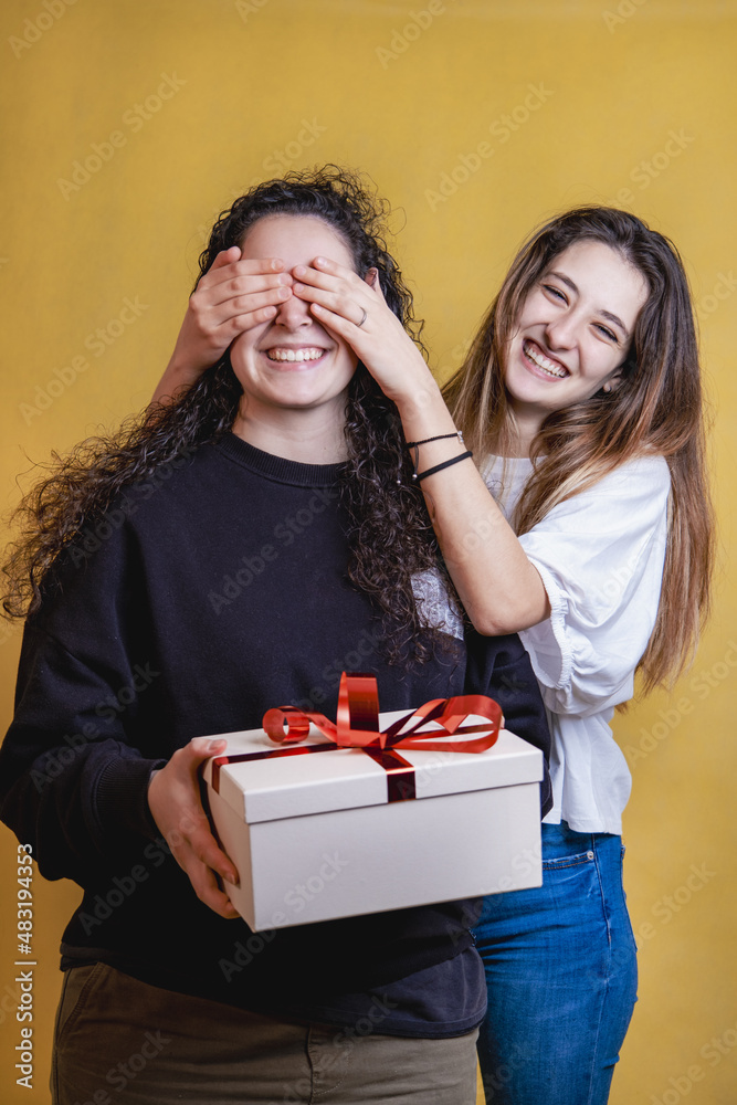 Two girls celebrating Valentine's Day. One covering the other's eyes. Two girls celebrating Valentine's Day. One covering the other's eyes.