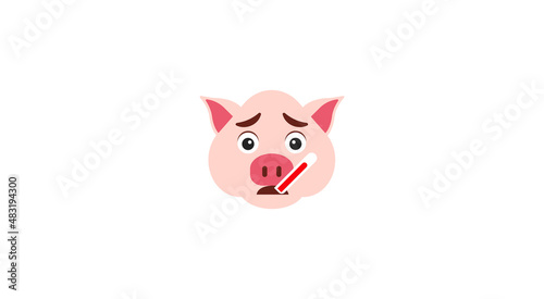 emoji with sick pig woman that has a flu or is ill measuring her temperature by holding a thermometer in her mouth, simple hand drawn emoticon, simplistic colorful picture, eps 10 vector clip art