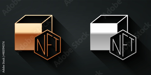 Gold and silver NFT Digital crypto art icon isolated on black background. Non fungible token. Long shadow style. Vector