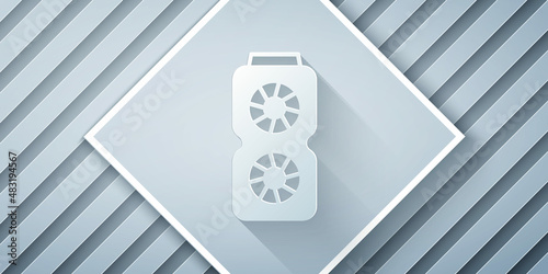Paper cut Video graphic card icon isolated on grey background. Paper art style. Vector