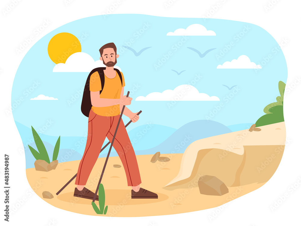 Tourist traveler concept. Man with sticks for walking in desert or rock. Active lifestyle and rest. Holidays and adventures. Extreme and exotic, beautiful landscape. Cartoon flat vector illustration