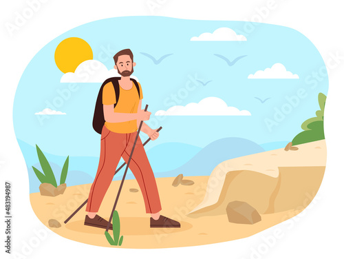 Tourist traveler concept. Man with sticks for walking in desert or rock. Active lifestyle and rest. Holidays and adventures. Extreme and exotic, beautiful landscape. Cartoon flat vector illustration