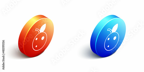 Isometric Peach fruit or nectarine with leaf icon isolated on white background. Orange and blue circle button. Vector