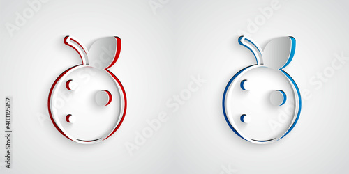 Paper cut Peach fruit or nectarine with leaf icon isolated on grey background. Paper art style. Vector