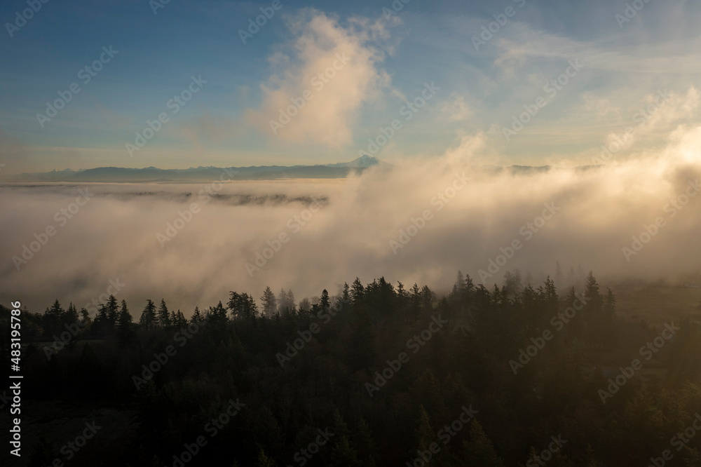 Aerial View of Mt. Baker Hovering Just Above the Dense Fog Layer. Seen from Lummi Island on a foggy morning in the Pacific Northwest.