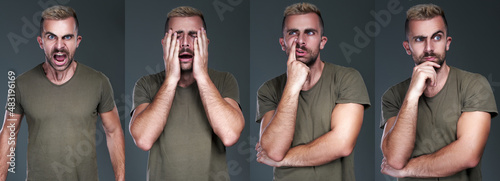 Fotografie Collage of a young man expressing different emotions - anger, sorrow, curiosity