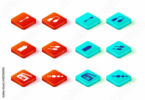 Set Movie clapper with 18 plus content, Anal beads, Condom, Sperm, Penis pump and Leather whip icon. Vector