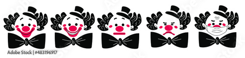 Logo. Set of five clown heads - sad, smiling, laughing, wearing a mask, drawn in black, red and white, it is drawn in a doodle style. Vector illustration isolated on white background.