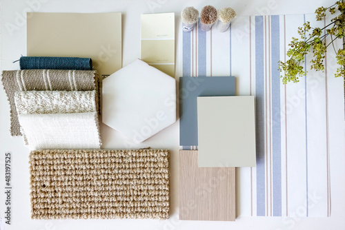 Dusty blue furniture board, sample board and mood board as an interior design and home styling concept photo