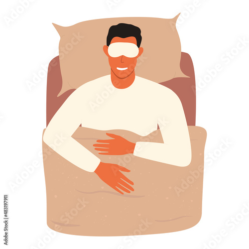 Flat vector cartoon illustration of a sleeping man lying in bed with a sleep mask over her eyes. The concept of sleep and rest.