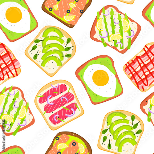 Flat vector cartoon seamless pattern with sandwiches. Healthy toasts with various fillings. Background wallpaper with texture on a white background.