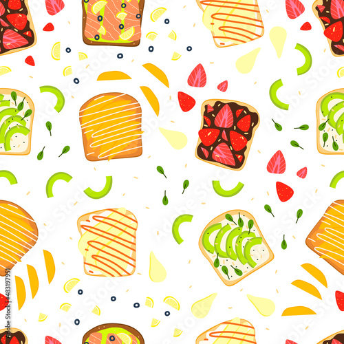 Flat vector cartoon seamless sandwich pattern. Toasts with sweet and salty fillings. Background wallpaper with texture.