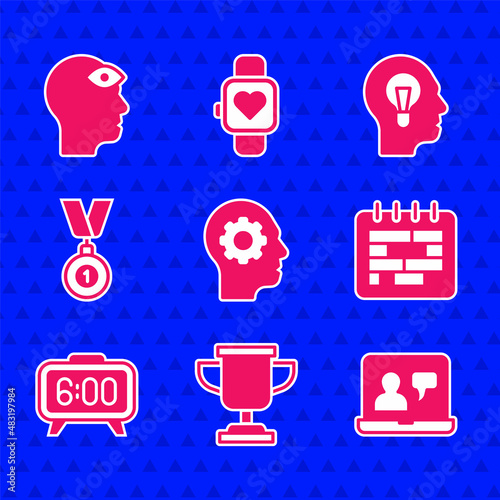 Set Human head with gear inside, Award cup, Online education, Calendar, Digital alarm clock, Medal, lamp bulb and Man third eye icon. Vector