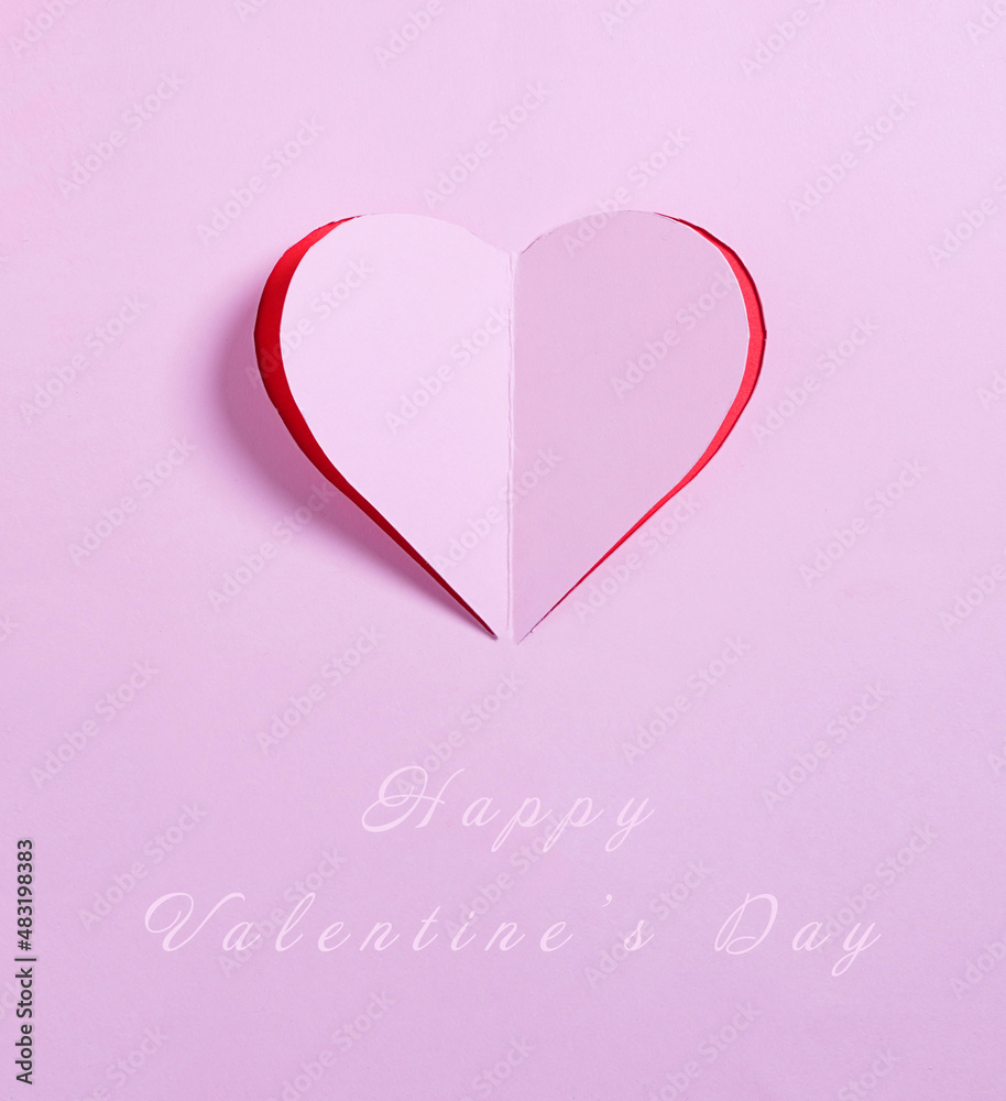 Happy Valentines day, Pink Heart from paper. Good Holiday Card.