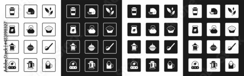 Set Tea leaf, Kettle with handle, packaging, Cup of tea, Muffin, Lemon, Spoon sugar and French press icon. Vector