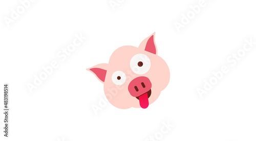 emoticon or emoji of fat pig character that is sticking tongue out in jest or licking something with cheeky smiling face, piggy drawing, pork personage. photo