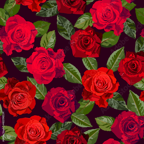 Red roses seamless pattern in dark back