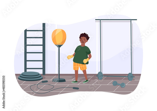 Boy with punching bag. Little sportsman training, selfdefense lessons. Strength and endurance exercises. Kid in gym, beginner athlete, boy with boxing gloves, fighter. Cartoon flat vector illustration