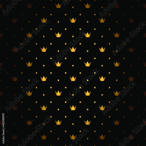 Luxury background with golden crowns and beads. Vector illustration.