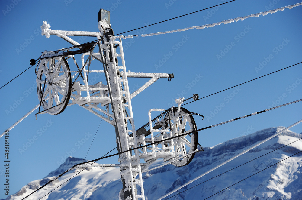 Frozen ski lift mechanism in winter on cold weather Frozen ski lift mechanism in winter on cold weather