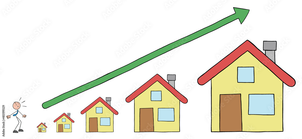 Stickman businessman is surprised by the rising house prices, hand drawn outline cartoon vector illustration