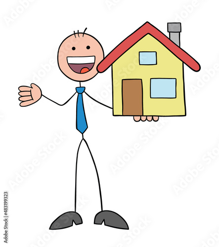 Stickman businessman holding house, hand drawn outline cartoon vector illustration