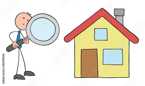 Stickman businessman looking at home holding magnifying glass, hand drawn outline cartoon vector illustration