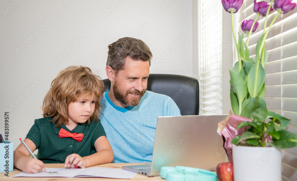 happy father and child son at school working online on laptop, family blog happy father and child son at school working online on laptop, family blog