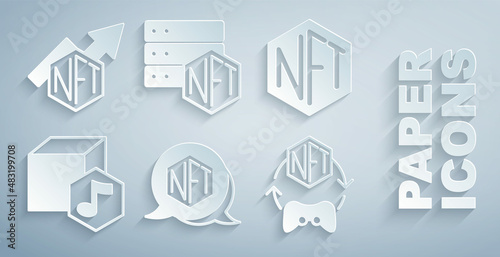 Set NFT Digital crypto art, blockchain technology and growth bar chart icon. Vector