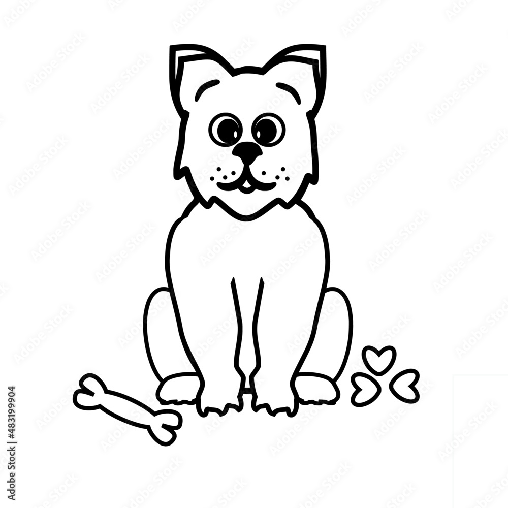 White dog, food, bone, with a black stroke, drawing on a white background, for design, coloring, printing White dog, food, bone, with a black stroke, drawing on a white background, for design, coloring, printing
