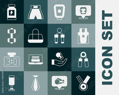 Set Medal, Sport expander, Boxing jersey t-shirt, training paws, bag, Dumbbell, Energy drink and Jump rope icon. Vector